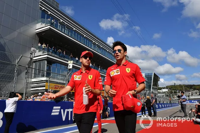 Sebastian Vettel, Ferrari, and Charles Leclerc, Ferrari, in the drivers parade