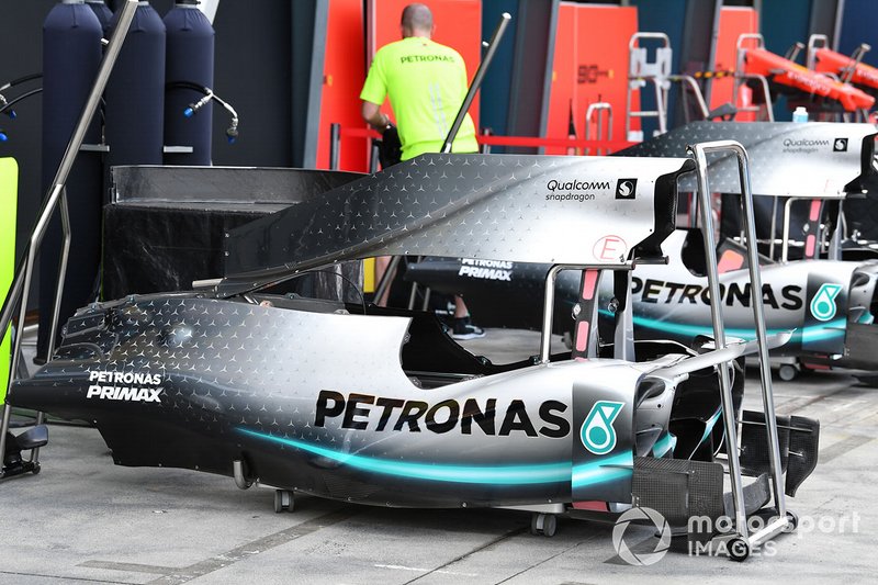 Mercedes AMG F1 W10 bodywork in the pit lane
