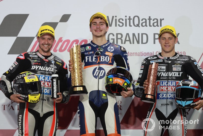 Podio: il secondo classificato Thomas Luthi, Intact GP, il vincitore della gara Lorenzo Baldassarri, Pons HP40, il terzo classificato Marcel Schrotter, Intact GP