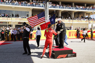 Sebastian Vettel, Ferrari, greets the National Anthem singer