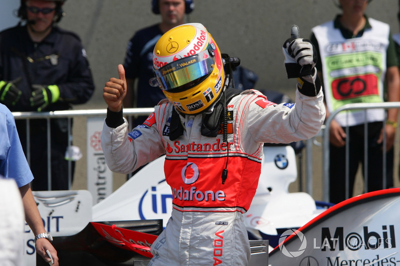 Lewis Hamilton, McLaren, celebrates his first pole position