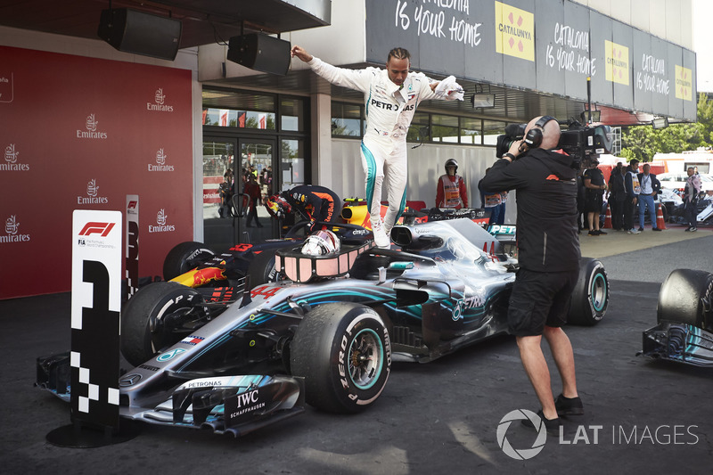 Lewis Hamilton, Mercedes AMG F1 W09, 1st position, celebrates on arrival in Parc Ferme
