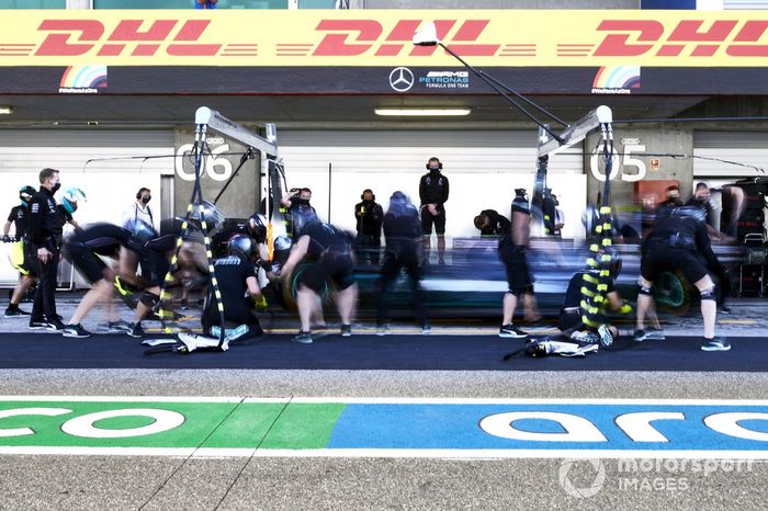 Valtteri Bottas, Mercedes F1 W11, makes a stop
