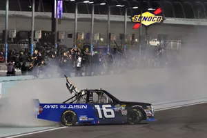 Brett Moffitt, Hattori Racing Enterprises, Toyota Tundra AISIN Group celebrates his Championship win