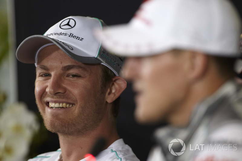 Nico Rosberg, Mercedes AMG en Michael Schumacher, Mercedes AMG tijdens de persconferentie