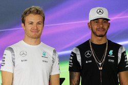 Nico Rosberg, Mercedes AMG F1 with team mate Lewis Hamilton, Mercedes AMG F1 in the FIA Press Confer