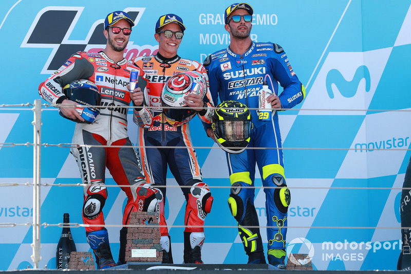 Podium: race winner Marc Marquez, Repsol Honda Team, second place Andrea Dovizioso, Ducati Team, third place Andrea Iannone, Team Suzuki MotoGP