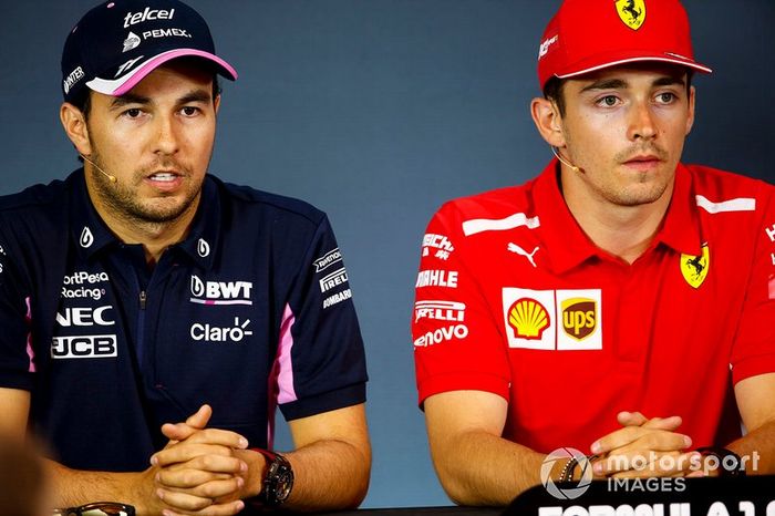 Sergio Pérez, Racing Point y Charles Leclerc, Ferrari en la conferencia de prensa