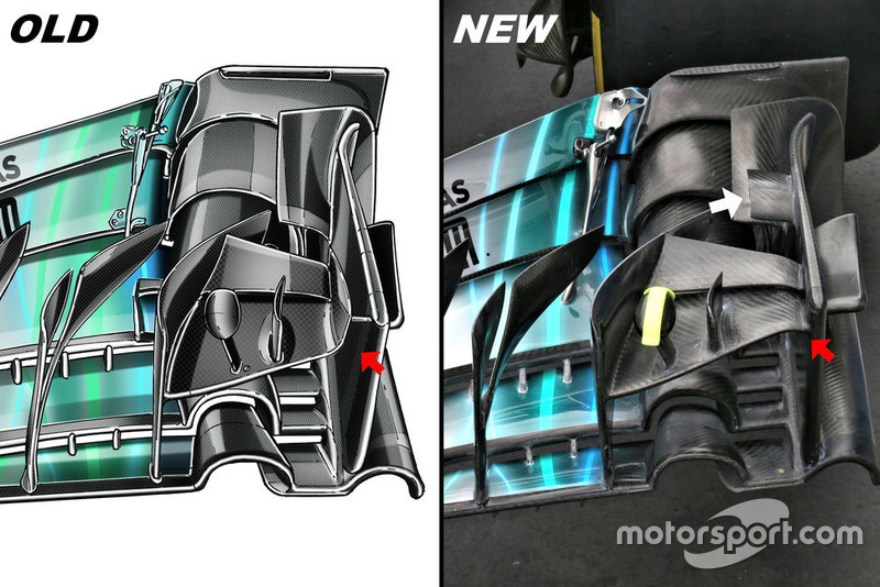 Mercedes AMG F1 W09, comparazione tra la nuova e la vecchia configurazione dei flap sulla paratia dell'ala anteriore