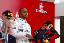 Lewis Hamilton, Mercedes AMG F1, celebrates victory on the podium with Valtteri Bottas, Mercedes AMG F1 and Max Verstappen, Red Bull Racing