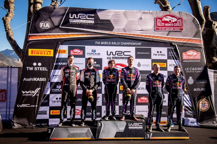 Podium: Winners Sébastien Loeb, Isabelle Galmiche, M-Sport Ford World Rally Team Ford Puma Rally1, second place Sébastien Ogier, Benjamin Veillas, Toyota Gazoo Racing WRT Toyota GR Yaris Rally1, third place Craig Breen, Paul Nagle, M-Sport Ford World Rally Team Ford Puma Rally1