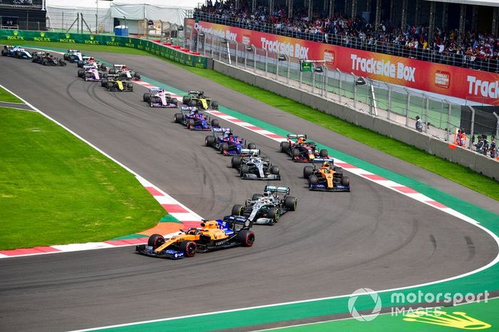 Carlos Sainz Jr., McLaren MCL34, Lewis Hamilton, Mercedes AMG F1 W10, Lando Norris, McLaren MCL34 and Valtteri Bottas, Mercedes AMG W10 