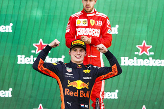 Max Verstappen, Red Bull Racing, 1st position, celebrates on the podium