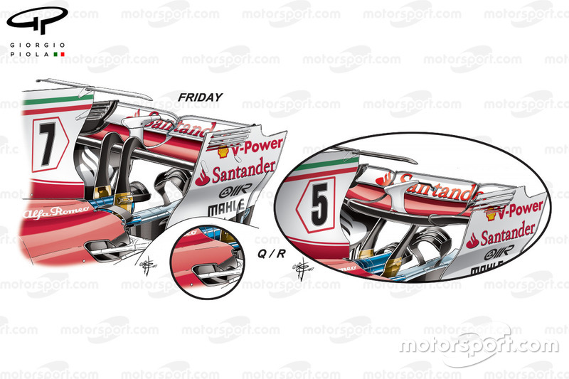 Un mini-flap sur la Ferrari SF70H, comparaison essais libres vs course, GP d'Azerbaïdjan