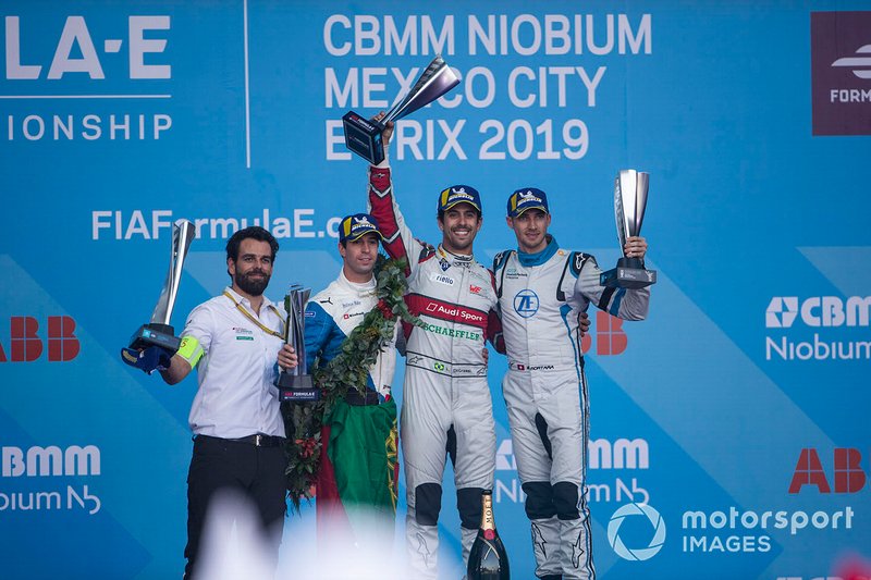 Podium group photo: Lucas di Grassi's race engineer Markus Michelberger, Audi Sport ABT Schaeffler, Antonio Felix da Costa, BMW I Andretti Motorsports, 2nd position, race winner Lucas Di Grassi, Audi Sport ABT Schaeffler, Edoardo Mortara, Venturi Formula E, 3rd position