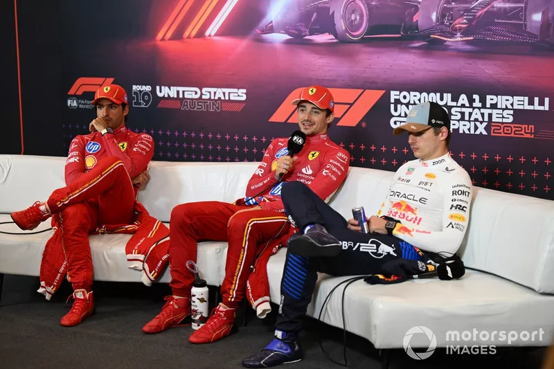Charles Leclerc, Scuderia Ferrari, 1st position, Carlos Sainz, Scuderia Ferrari, 2nd position, Max Verstappen, Red Bull Racing, 3rd position, in the the post race press conference 