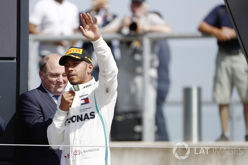 Lewis Hamilton, Mercedes AMG F1, celebrates on the podium