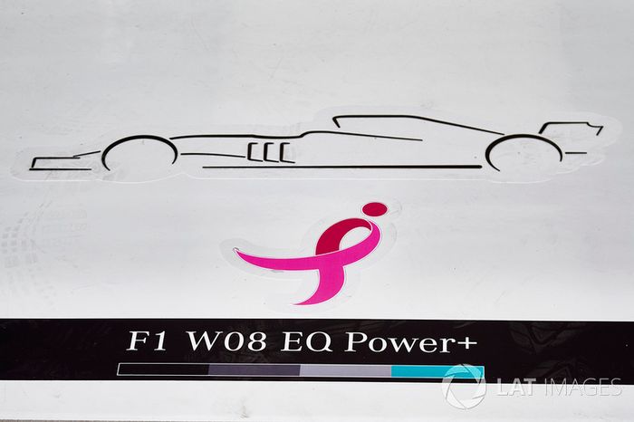 Logo del lazo rosa en el suelo del garaje de Mercedes AMG F1