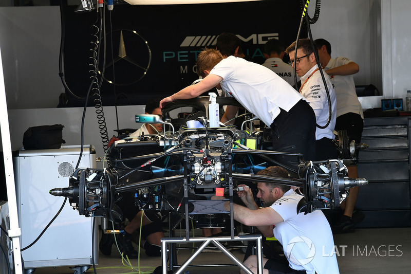 Mercedes-AMG F1 W09 EQ Power+ is worked on in the garage