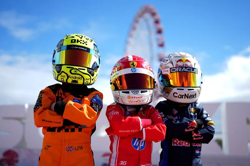 Charles Leclerc, Ferrari; Lando Norris, McLaren; Max Verstappen, Red Bull Racing
