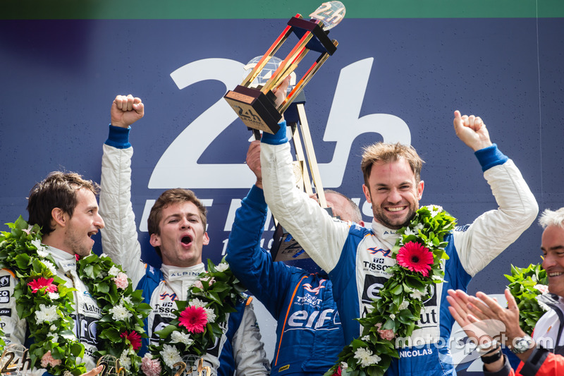 LMP2 podium: class winners #36 Signatech Alpine A460: Gustavo Menezes, Nicolas Lapierre, Stéphane Richelmi