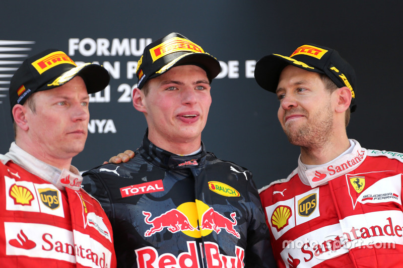 Kimi Raikkonen, Scuderia Ferrari, Max Verstappen, Red Bull Racing en Sebastian Vettel, Scuderia Ferrari