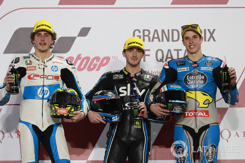 Podium: second place Lorenzo Baldassarri, Pons HP 40, Race winner Francesco Bagnaia, Sky Racing Team VR46, third place Alex Marquez, Marc VDS