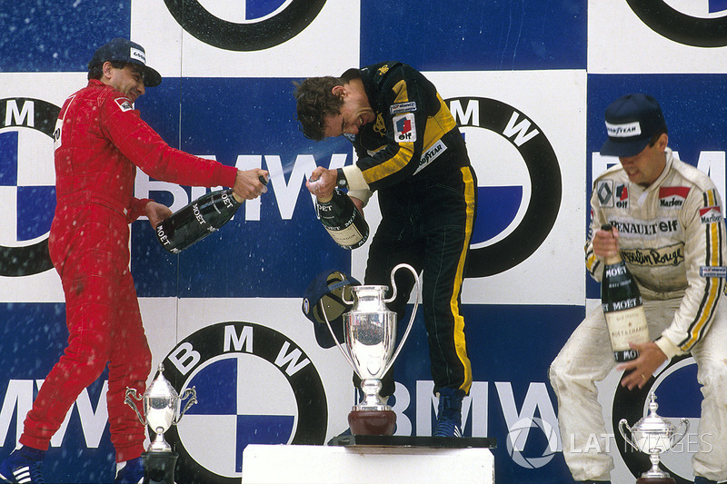 Race winner Ayrton Senna, Lotus, second place Michele Alboreto, Ferrari, third place Patrick Tambay, Renault