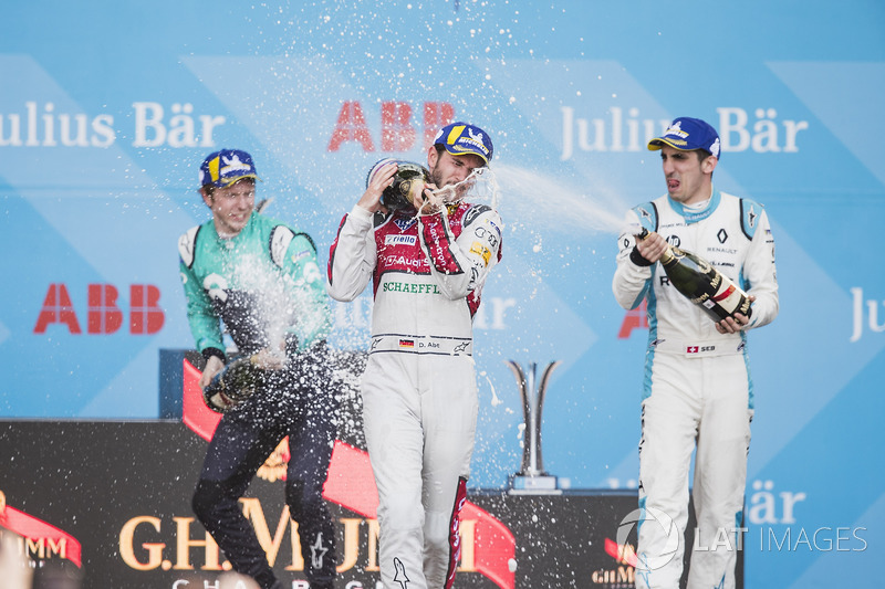 Daniel Abt, Audi Sport ABT Schaeffler, celebrates on the podium after winning the race with Oliver Turvey, NIO Formula E Team, Sébastien Buemi, Renault e.Dams