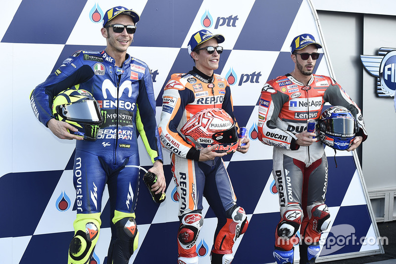 Peraih pole MotoGP Thailand, Marc Marquez, Repsol Honda Team, Valentino Rossi, Yamaha Factory Racing, Andrea Dovizioso, Ducati Team