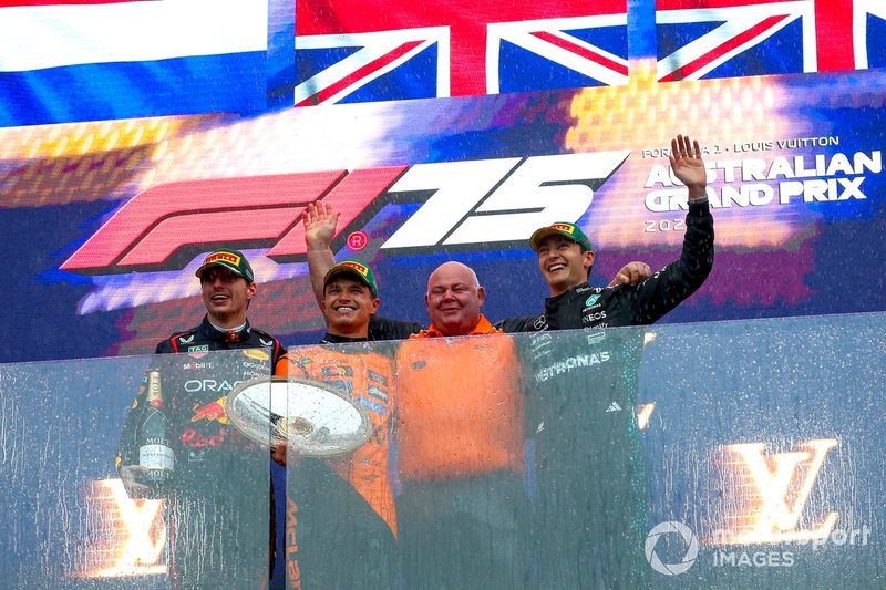 Lando Norris, McLaren, Max Verstappen, Red Bull Racing, George Russell, Mercedes