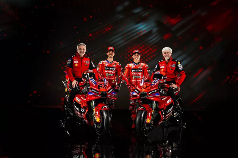 Mauro Grassilli, Sporting director Ducati, Francesco Bagnaia, Marc Marquez, Ducati Team. Gigi Dall’Igna, Ducati general manager