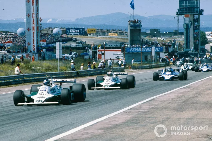 Carlos Reutemann, Williams FW07B Ford, Alan Jones, Williams FW07B Ford, Jacques Laffite, Ligier JS11/15 Ford, y Didier Pironi, Ligier JS11/15 Ford
