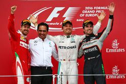 The podium (L to R): Sebastian Vettel, Ferrari, second; Nico Rosberg, Mercedes AMG F1, race winner; Sergio Perez, Sahara Force India F1, third