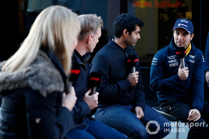 Rachel Brooks, Sky TV, Simon Lazenby, Sky TV, Karun Chandhok, Sky TV and Sergio Perez, SportPesa Racing Point F1 Team