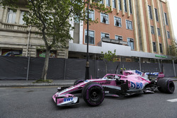 The crashed car of Esteban Ocon, Force India VJM11
