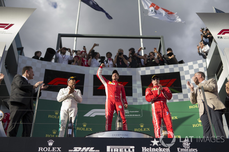 Lewis Hamilton, Mercedes-AMG F1, Sebastian Vettel, Ferrari and Kimi Raikkonen, Ferrari celebrate on 