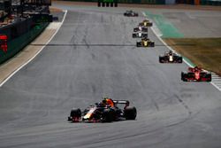 Max Verstappen, Red Bull Racing RB14, leads Daniel Ricciardo, Red Bull Racing RB14, and Kimi Raikkonen, Ferrari SF71H