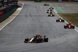 Max Verstappen, Red Bull Racing RB14, leads Daniel Ricciardo, Red Bull Racing RB14, and Kimi Raikkonen, Ferrari SF71H