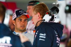 Sergio Perez, Force India, talks with Andrew Green, Technical Director, Force India