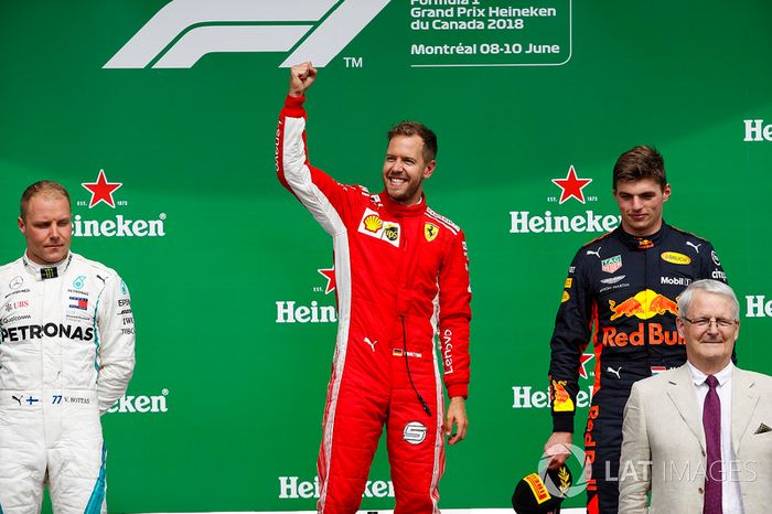 Valtteri Bottas, Mercedes AMG F1, 2nd position, Sebastian Vettel, Ferrari, 1st position, and Max Ver