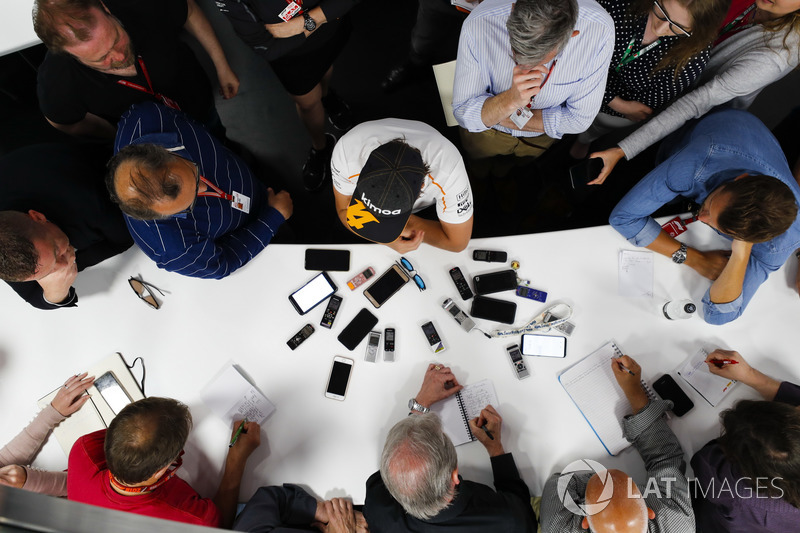 Fernando Alonso, McLaren, speaks to the media