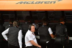 Zak Brown, McLaren Racing CEO on the McLaren pit wall gantry