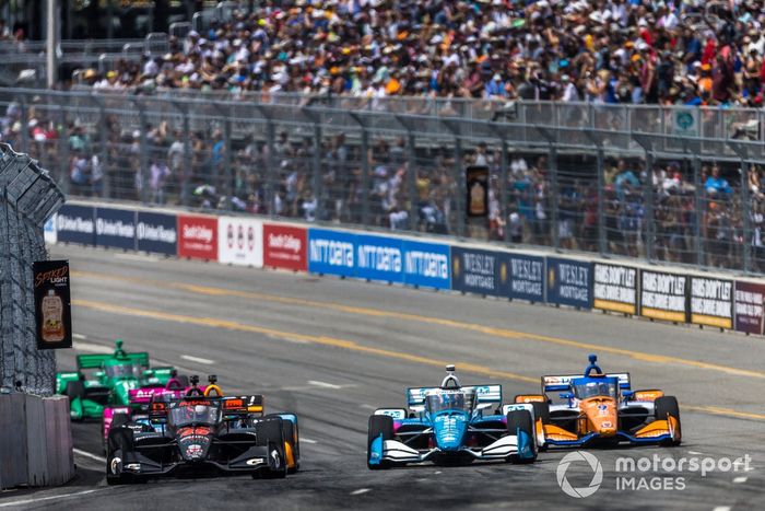 #45: Christian Lundgaard, Rahal Letterman Lanigan Racing Honda, #2: Josef Newgarden, Team Penske Chevrolet, #9: Scott Dixon, Chip Ganassi Racing Honda