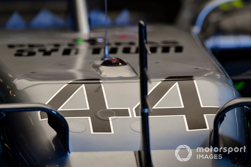 The nose of the car of Lewis Hamilton, Mercedes AMG F1 W10