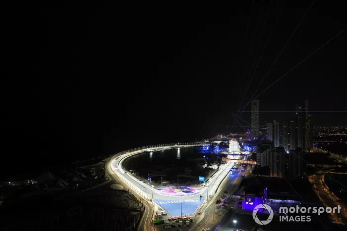 A view of the circuit lit up at night