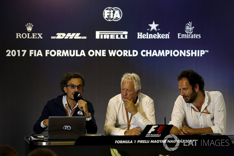 Laurent Mekies, FIA Safety Director, Charlie Whiting, FIA Delegate and Matteo Bonciani, FIA Media Delegate in the Press Conference for the Halo device