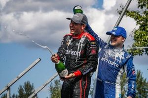Will Power, Team Penske Chevrolet, Felix Rosenqvist, Chip Ganassi Racing Honda celebrate on the podium