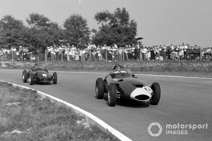 Tony Brooks, Vanwall, leads Jean Behra, BRM P25