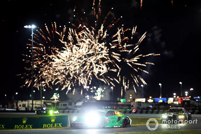 #77 AO Racing Porsche 911 GT3 R (992): Laurin Heinrich, Klaus Bachler, Alessio Picariello drives under fireworks 